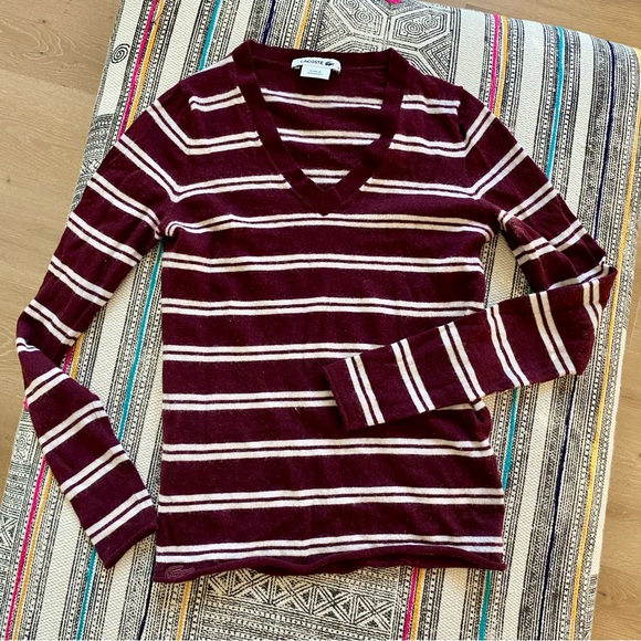 Lacoste Women's Wool Jersey Striped V-Neck Sweater - Picture 1 of 9